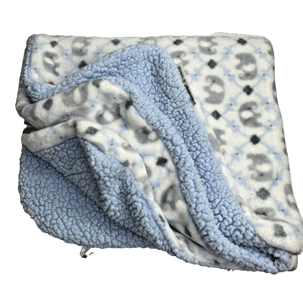 Blankets & Beyond Baby Elephant Blue Grey White Geometric 28x28 Sherpa Soft